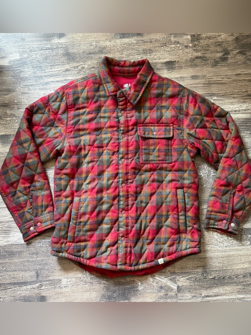 Lake & Trail red plaid quilted button up long sleeve shirt jacket boys XL 14-16